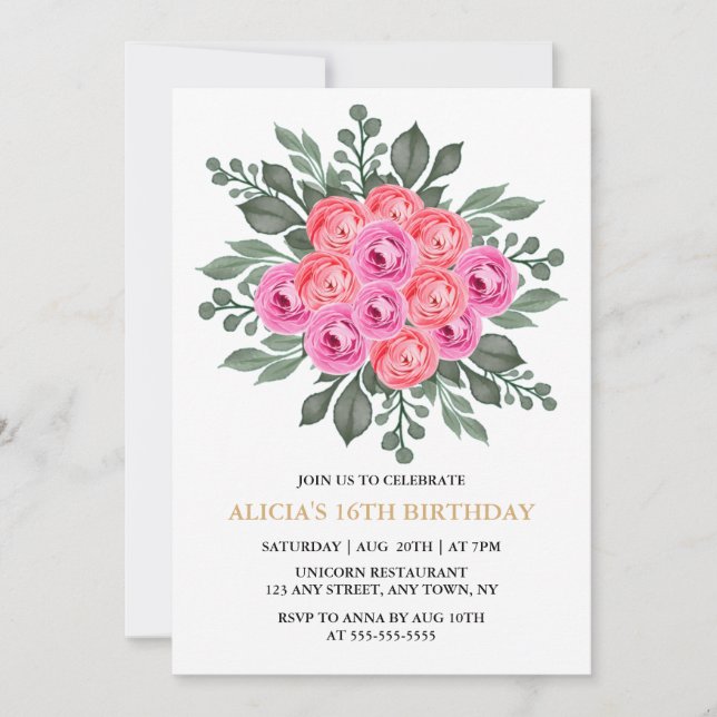Invitation Chic Dusty Rose Flora Rose Gold 16e anniversaire (Devant)