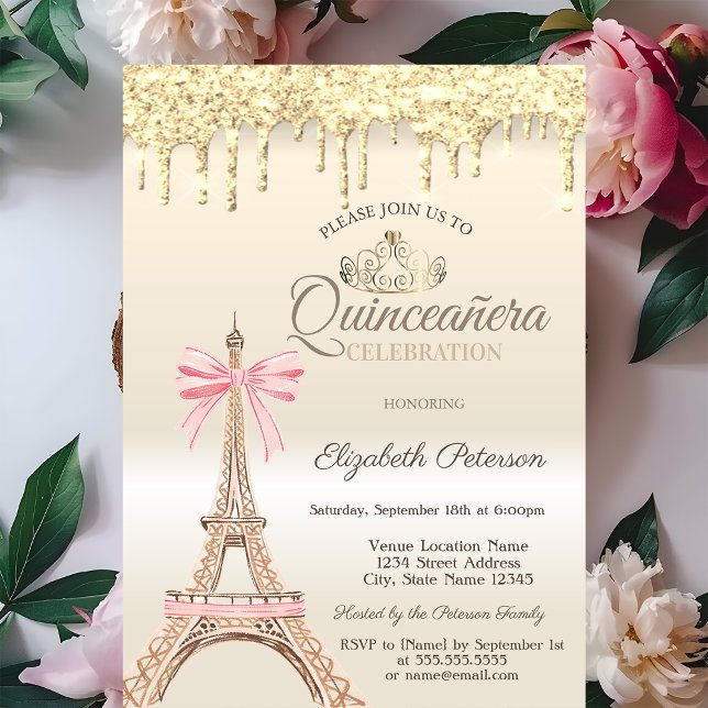 Invitation Chic Eiffel Tower Bow Drips Gold Quinceañera  (Créateur téléchargé)