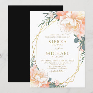 Invitation Chic Elegant Blush Gold Peach Black Floral Mariage