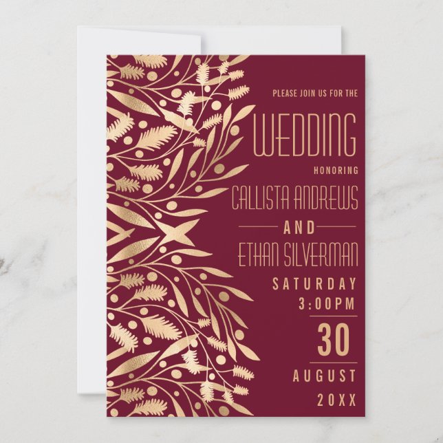 Invitation Chic Elegant Bourgogne Gold Floral Folial Mariage (Devant)