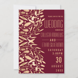 Invitation Chic Elegant Bourgogne Gold Floral Folial Mariage