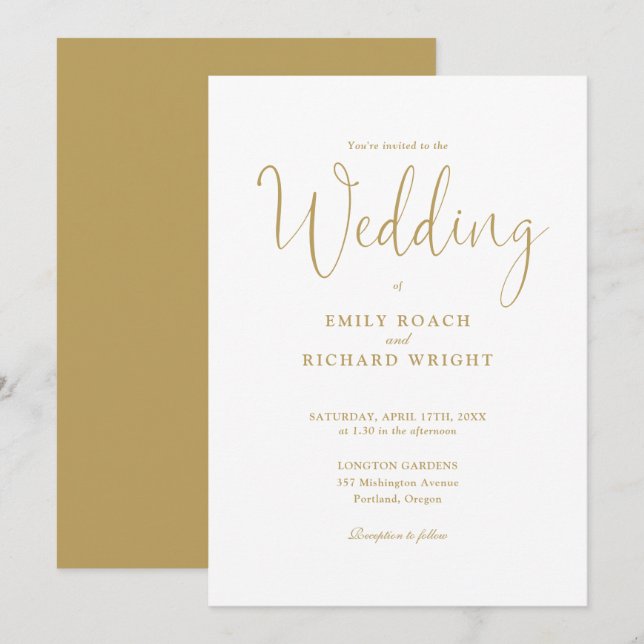 Invitation Chic Elegant Calligraphie Gold Script Mariage (Devant / Derrière)
