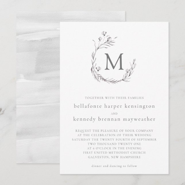 Invitation Chic Elegant Gris Blanc Aquarelle Mariage Floral (Devant / Derrière)