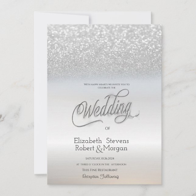 Invitation Chic Élégant Paillettes Argentées Bokeh Mariage (Devant)