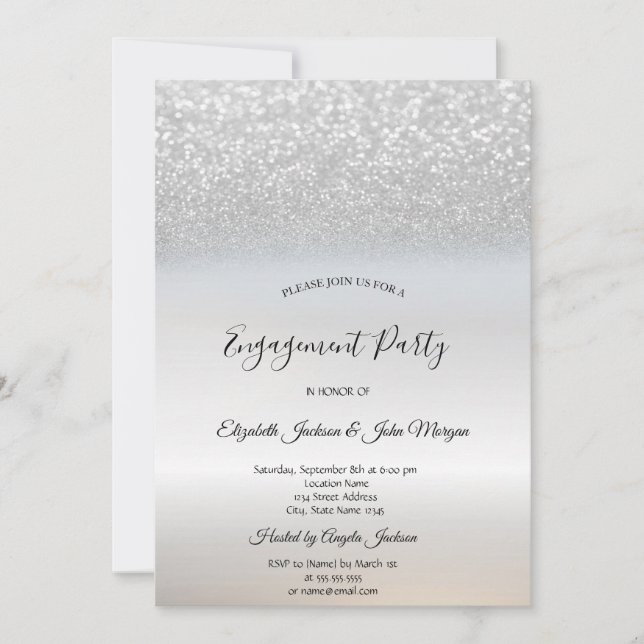 Invitation Chic Elegant Parties scintillant Argent Fiançaille (Devant)