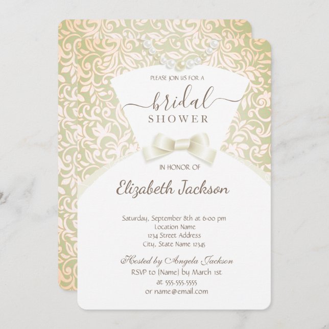 Invitation Chic élégant robe de mariée Damask Fête des mariée (Devant / Derrière)