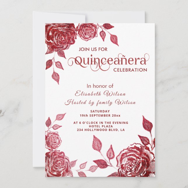 Invitation Chic élégant romantique roses rouges Quinceañera (Devant)