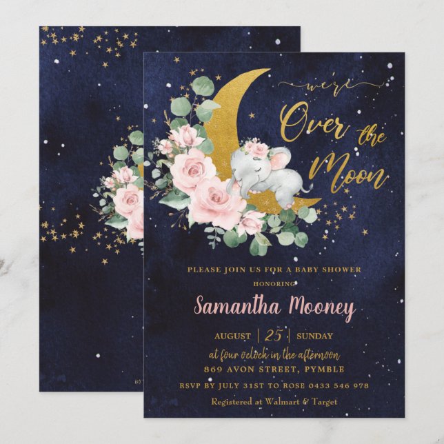 Invitation Chic Elephant We're Over the Moon Girl Baby shower (Devant / Derrière)