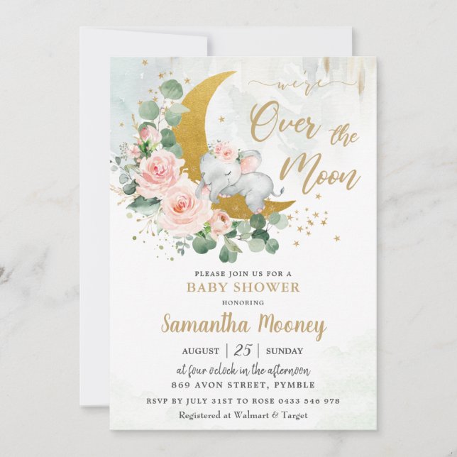 Invitation Chic Elephant We're Over the Moon Girl Baby shower (Devant)
