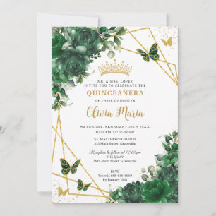 Invitation Chic Emerald Green Butterflies Floral Quinceañera