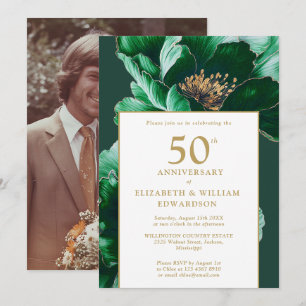 Invitation Chic Emerald Green Floral 50e Anniversaire Photo