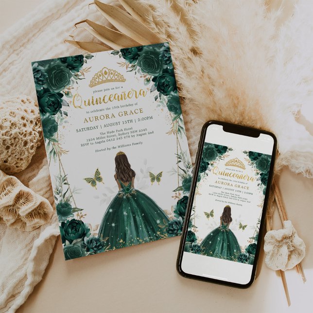 Invitation Chic Emerald Green Floral Quinceañera Princess (Créateur téléchargé)