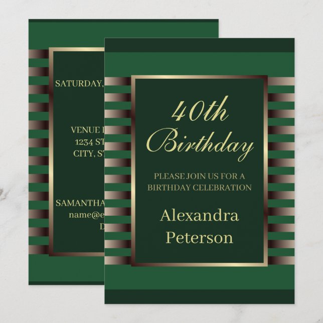 Invitation Chic Emerald Green Gold Stripes Anniversaire géomé (Devant / Derrière)