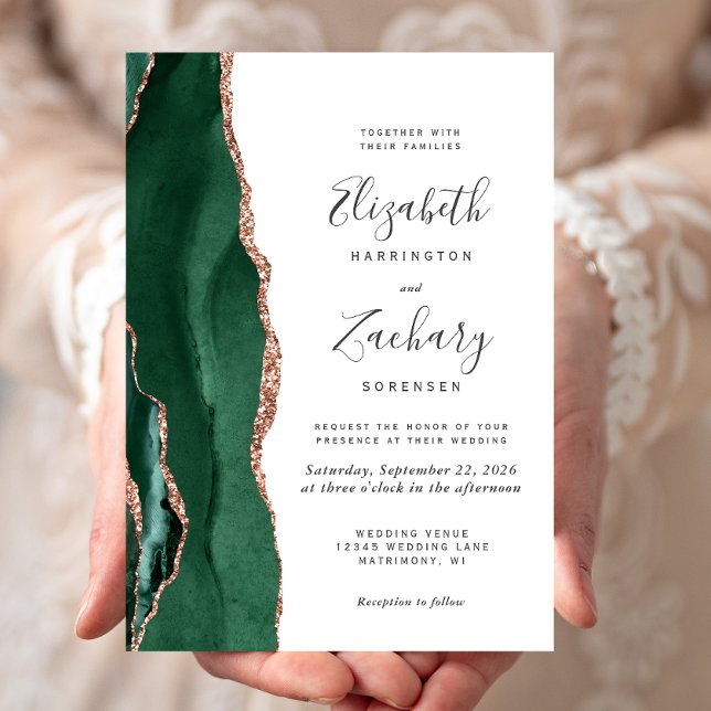 Invitation Chic Emerald Green Rose Gold Agate Mariage (Créateur téléchargé)