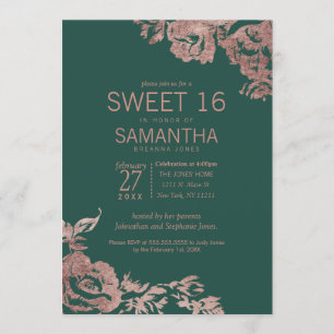 Invitation Chic Emerald Green Rose Gold Floral Sweet 16