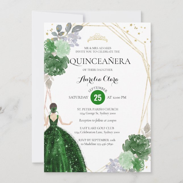 Invitation Chic Emerald Vert Floral Géométrique Quinceañera (Devant)