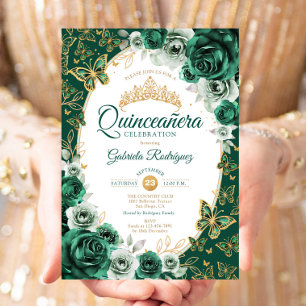 Invitation Chic Émeraude Vert Or Floral Quinceanera