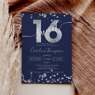 Invitation Chic en feuille d'argent confetti bleu marine Swee