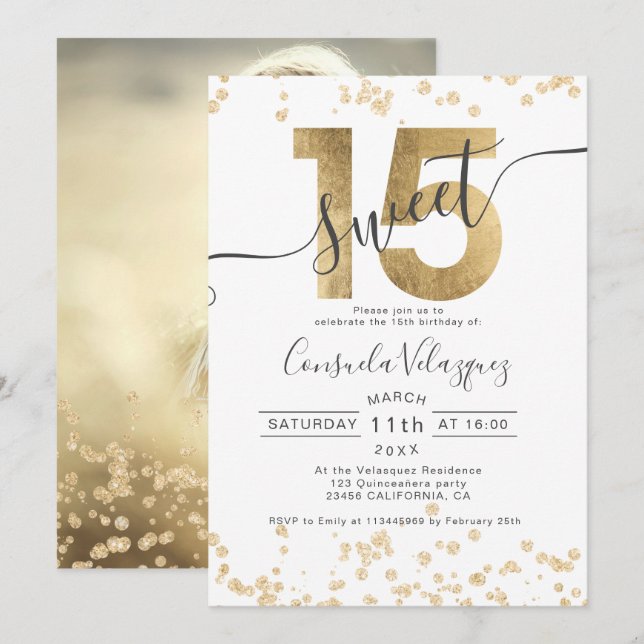Invitation Chic en feuille d'or confetti blanc Quinceanera ph (Devant / Derrière)
