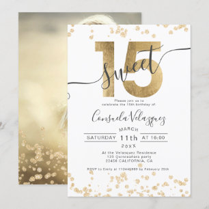 Invitation Chic en feuille d'or confetti blanc Quinceanera ph