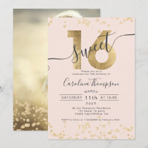 Invitation Chic en feuille d'or confetti blush Sweet 16 photo