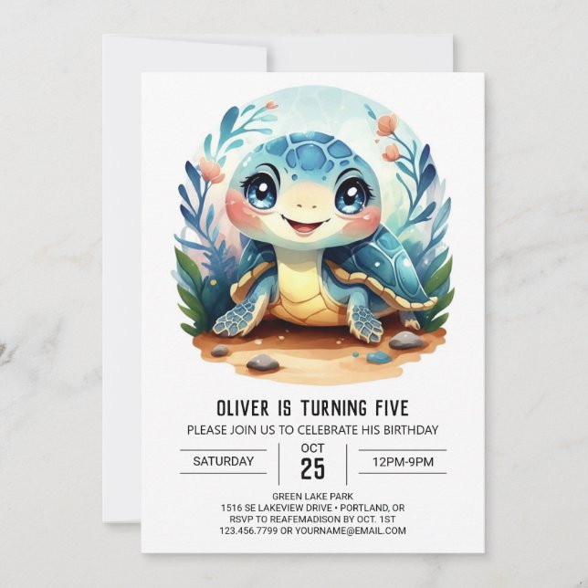 Invitation Chic Enchanted Blue Turtle Boy Anniversaire (Devant)