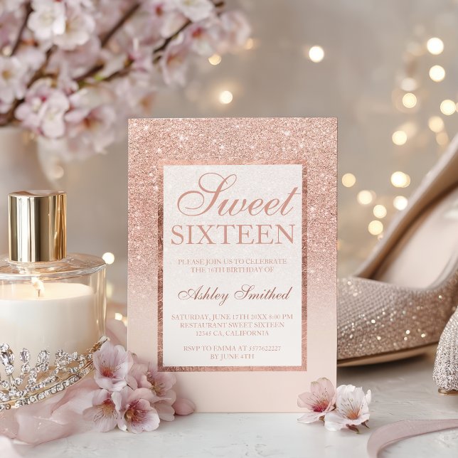 Invitation Chic et élégante avec fausse paillettes roses et d (Elegant girly rose gold glitter chic Sweet 16 Invitation)