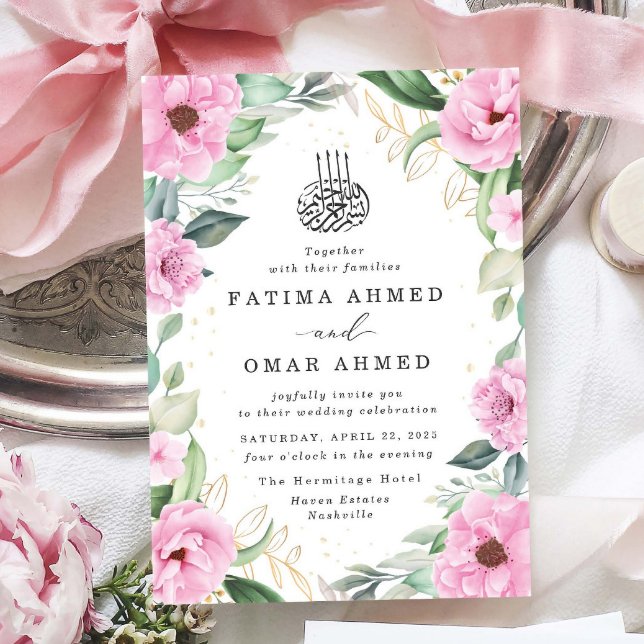 Invitation Chic Eucalyptus rose Floral islamique Mariage musu (Créateur téléchargé)