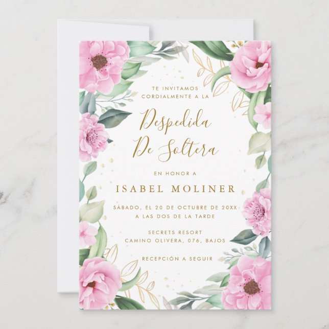 Invitation Chic Eucalyptus rose Roses Fête des mariées espagn (Devant)