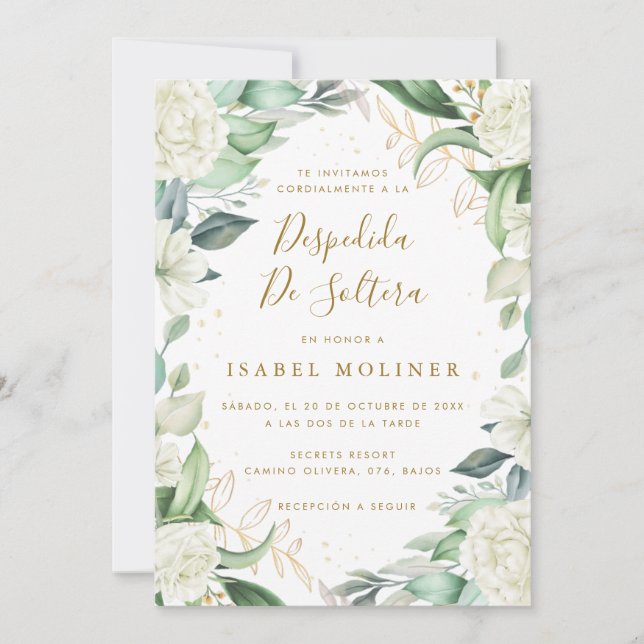 Invitation Chic Eucalyptus Roses Blanches Fête des mariées es (Devant)