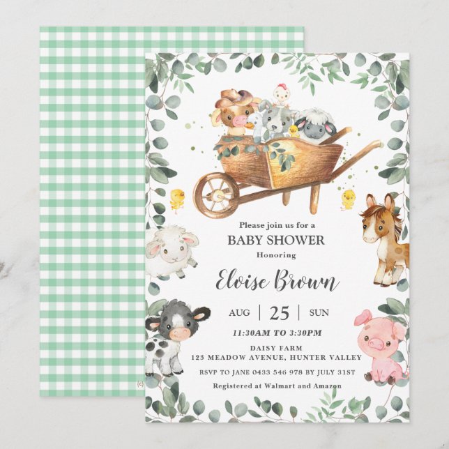 Invitation Chic Farm Animaux Barnyard Green Baby shower I (Devant / Derrière)