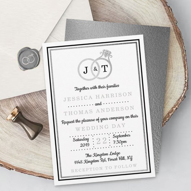 Invitation Chic Faux Argent Huile Monogramme Mariage Cercles (Créateur téléchargé)