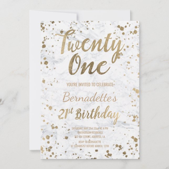Invitation Chic Faux en or confetti en marbre blanc 21e anniv (Devant)
