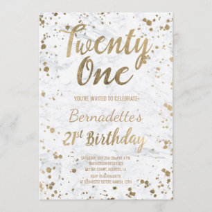 Invitation Chic Faux en or confetti en marbre blanc 21e anniv