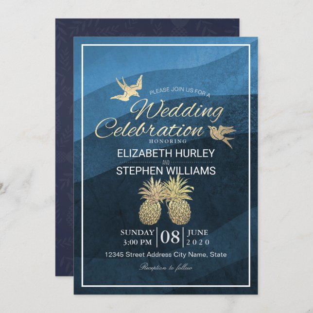 Invitation Chic Faux Gold Ananas Couple Blue Wave Mariage (Devant / Derrière)