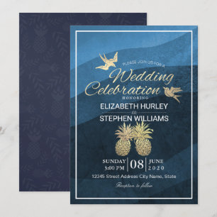 Invitation Chic Faux Gold Ananas Couple Blue Wave Mariage