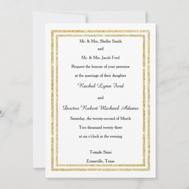 Invitation Chic Faux Gold Glittered Trim - 5x7 Mariage Invita (Devant)