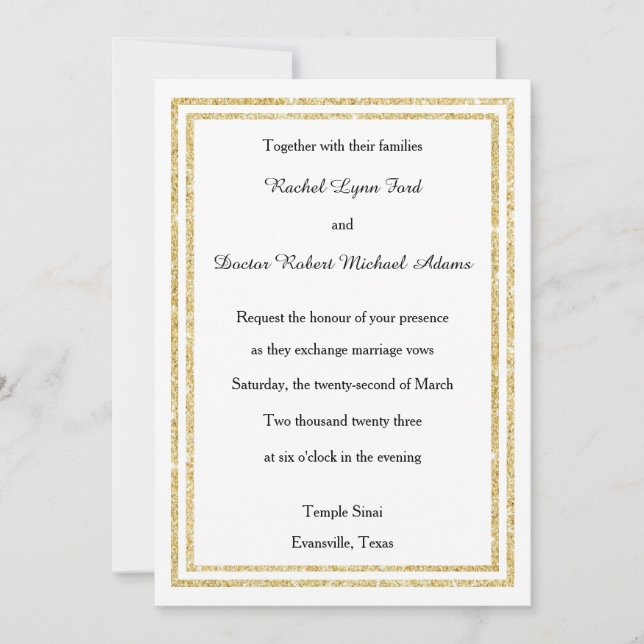 Invitation Chic Faux Gold Glittered Trim - 5x7 Mariage Invita (Devant)
