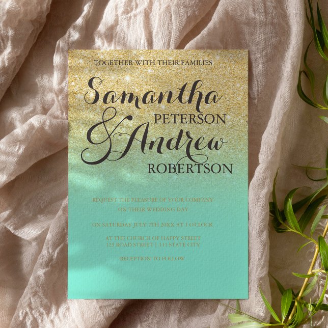 Invitation Chic faux or parties scintillant menthe mariage ve (Créateur téléchargé)