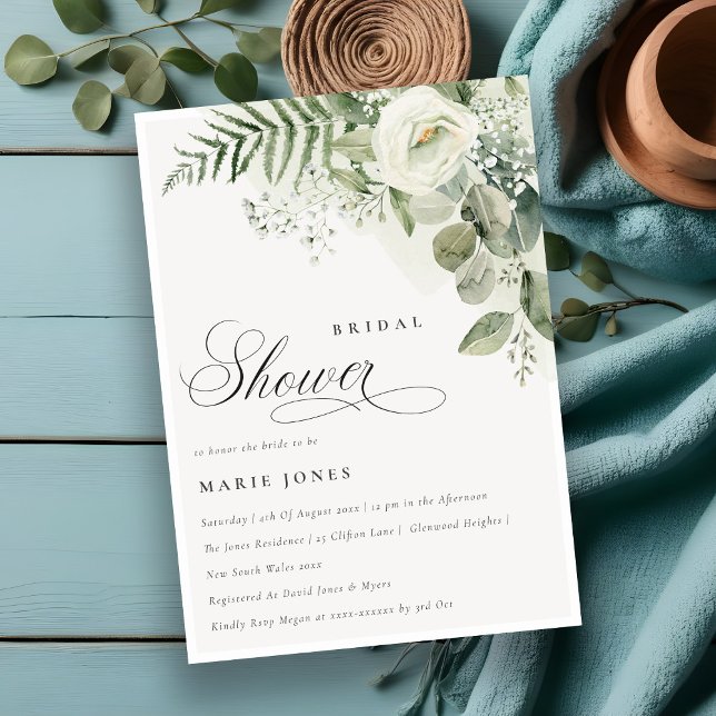 Invitation Chic Fern Vert Fête des mariées florale blanche (Créateur téléchargé)