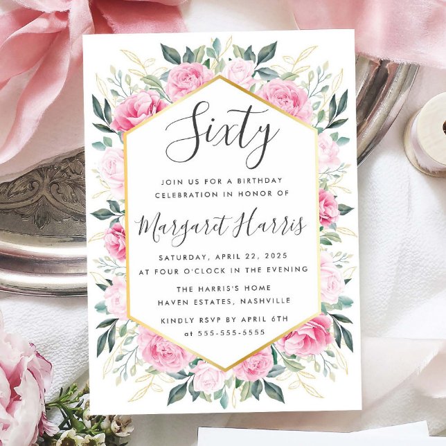 Invitation Chic Feuilles or rose floral 60e Soixante Annivers (Créateur téléchargé)