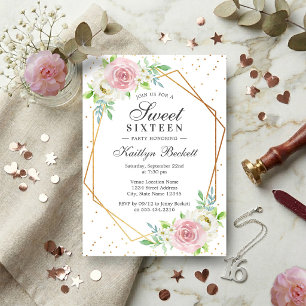 Invitation Chic Fleur Dorée Feuille Sweet 16 Anniversaire