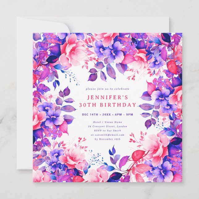 Invitation Chic Fleurs Aquarelle 30e Anniversaire Violet  (Devant)