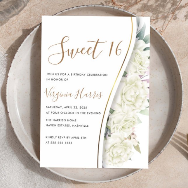 Invitation Chic Fleurs Blanches Sweet sixteen 16 Anniversaire (Créateur téléchargé)