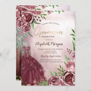 Invitation Chic Fleurs Bourgogne Robe Quinceanera