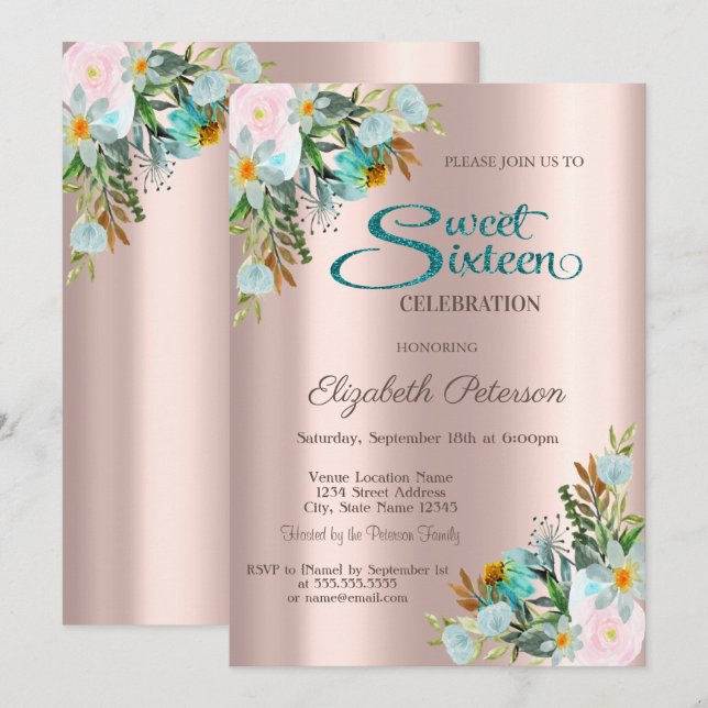 Invitation Chic Fleurs élégantes Rose Gold Sweet 16 (Devant / Derrière)