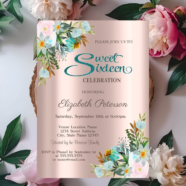 Invitation Chic Fleurs élégantes Rose Gold Sweet 16 (Créateur téléchargé)