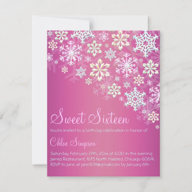 Invitation chic flocon de neige rose chaud pour Sw (Devant)
