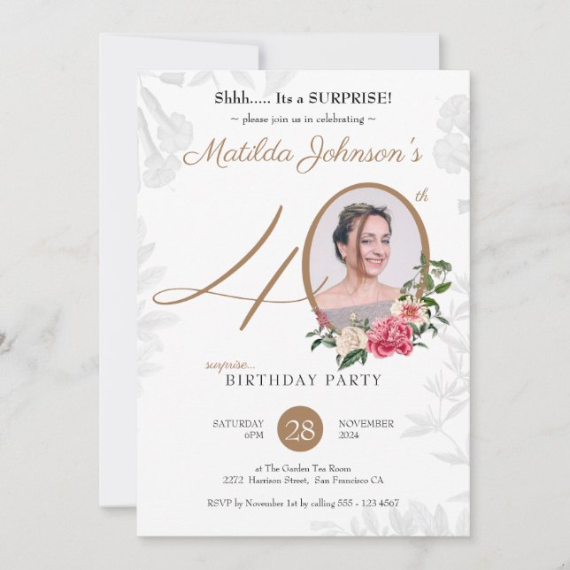 Invitation Chic Floral Botanical Photo Surprise 40e anniversa (Devant)