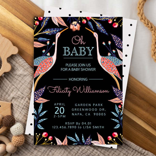Invitation Chic Floral Botanique Baby shower de cigogne Invit (Créateur téléchargé)